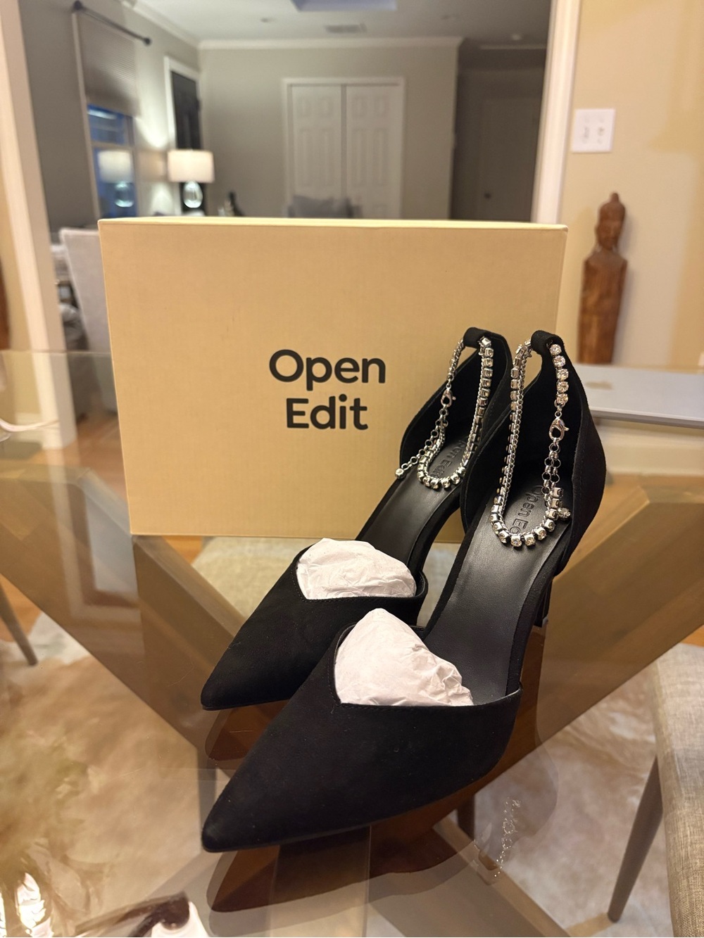Open Edit Black Crystal-Ankle Pointed Toe Heels